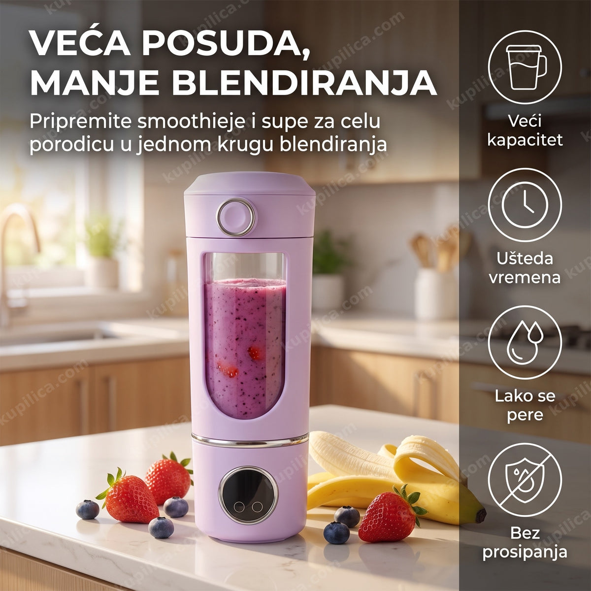 prenosivi blender sa velikom posudom — ljubičasti model sa smoothiejem na kuhinjskom pultu