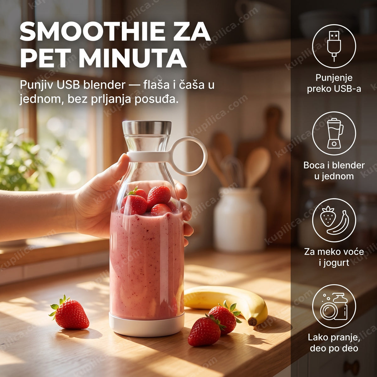 prenosivi USB blender sa svežim jagodama na kuhinjskom pultu priprema smoothie, benefiti proizvoda