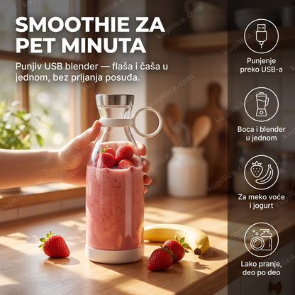 prenosivi USB blender sa svežim jagodama na kuhinjskom pultu priprema smoothie, benefiti proizvoda