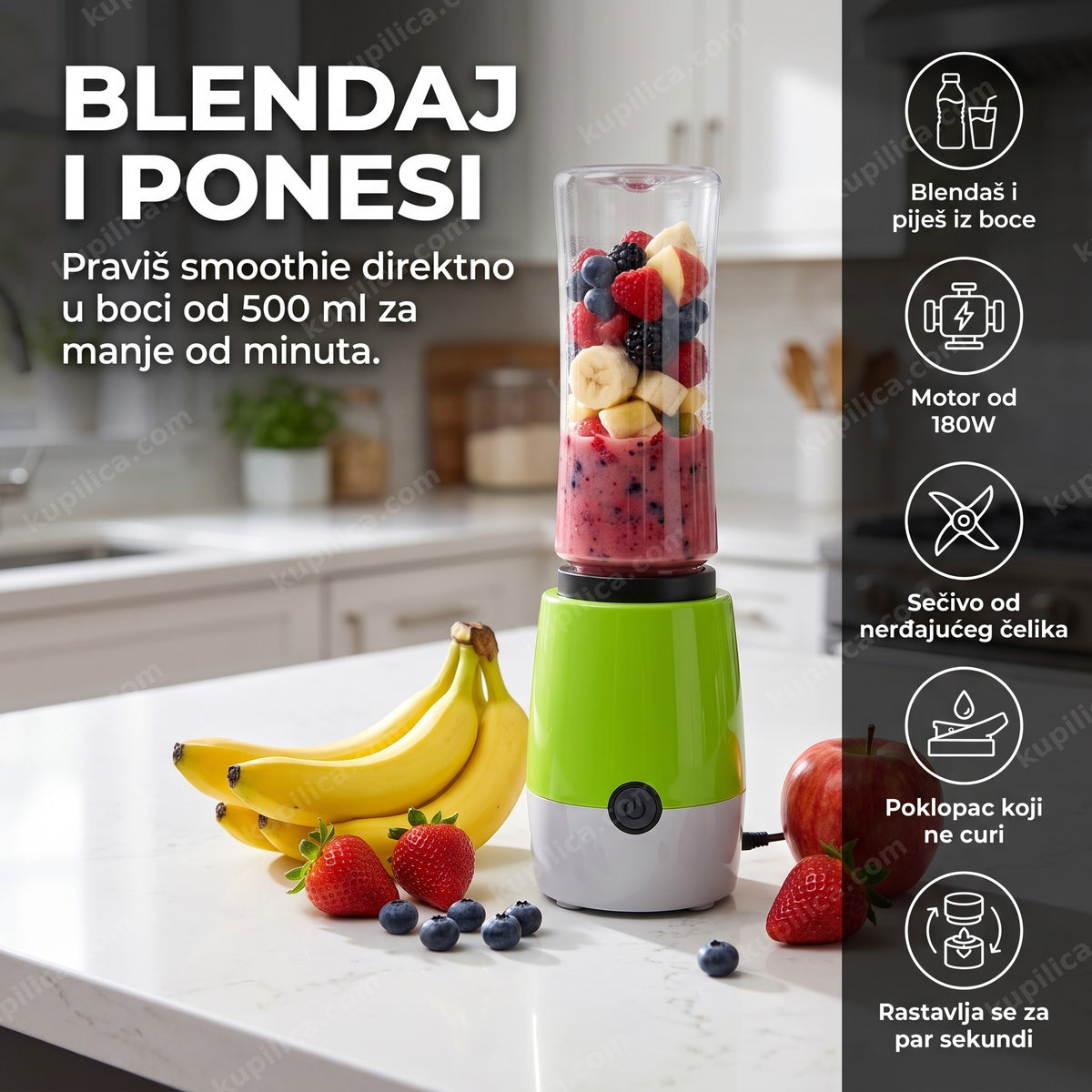Zeleni prenosivi blender melje voće za smoothie na kuhinjskom pultu, benefiti proizvoda