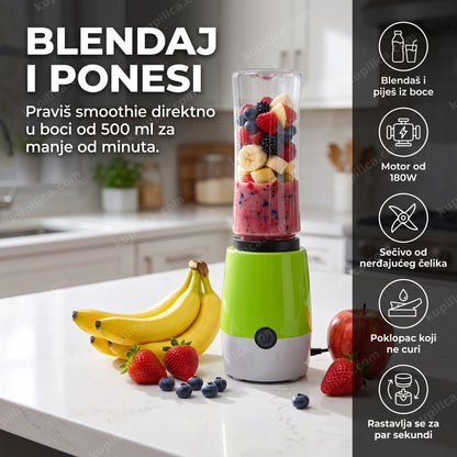 Zeleni prenosivi blender melje voće za smoothie na kuhinjskom pultu, benefiti proizvoda