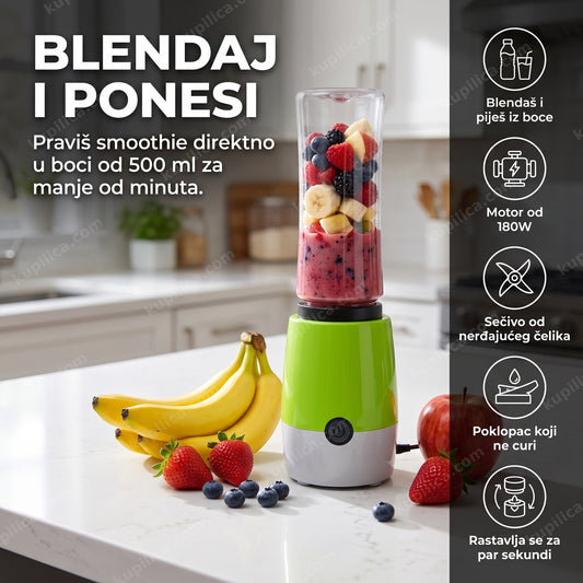 Zeleni prenosivi blender melje voće za smoothie na kuhinjskom pultu, benefiti proizvoda