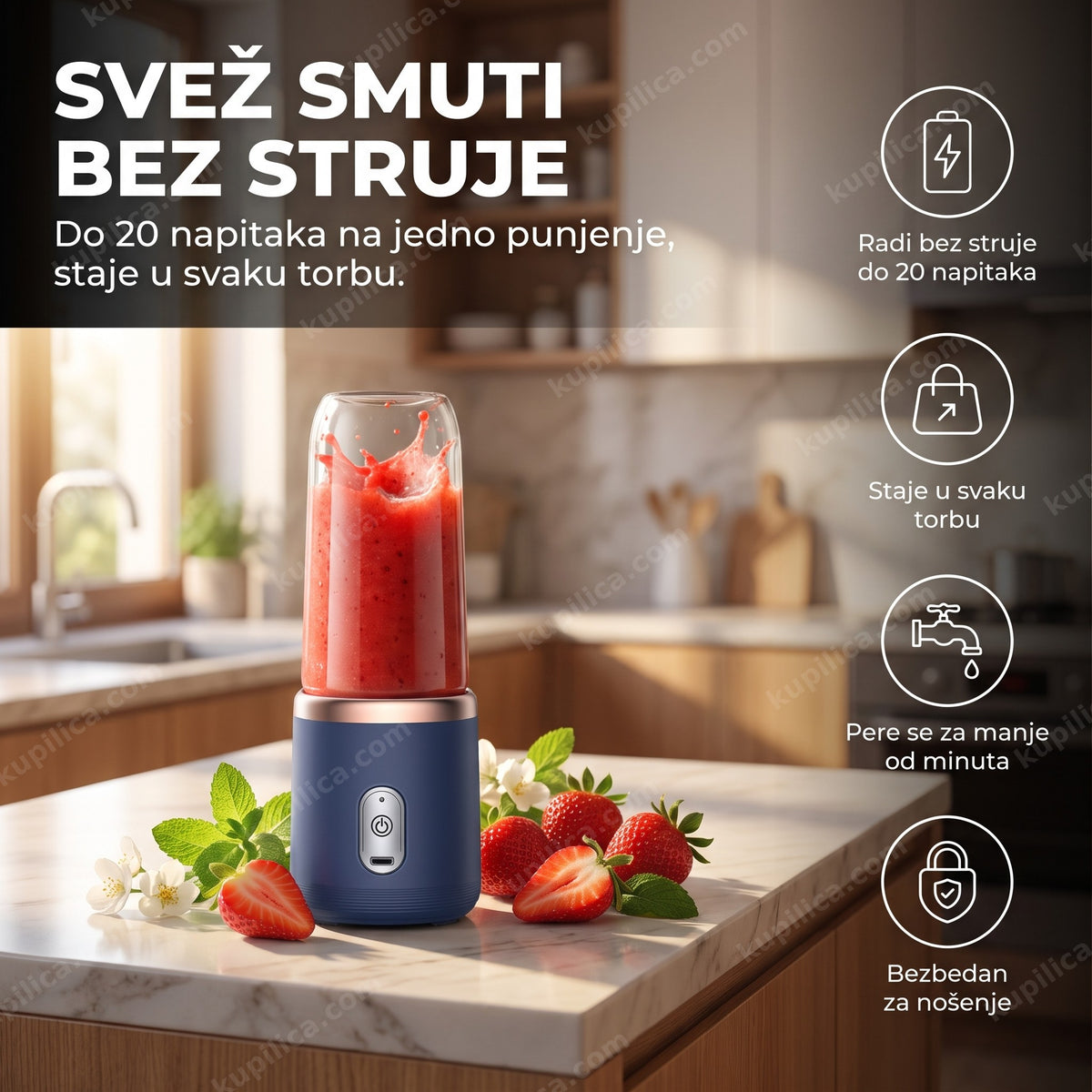 prenosivi blender za smutije sa svežim voćem na kuhinjskom pultu — benefiti proizvoda