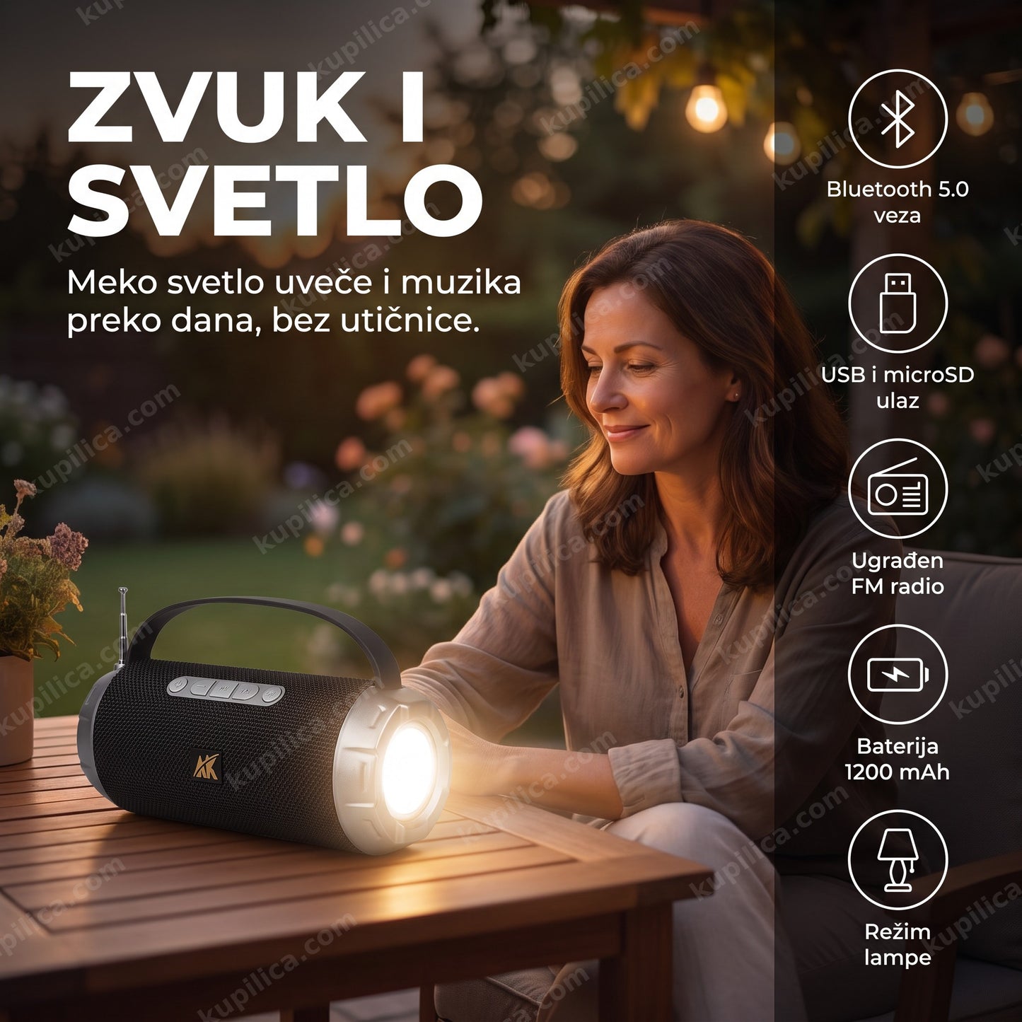 prenosivi bluetooth zvučnik sa lampom — odrasla osoba sedi na terasi uveče, zvučnik svetli meko na stolu