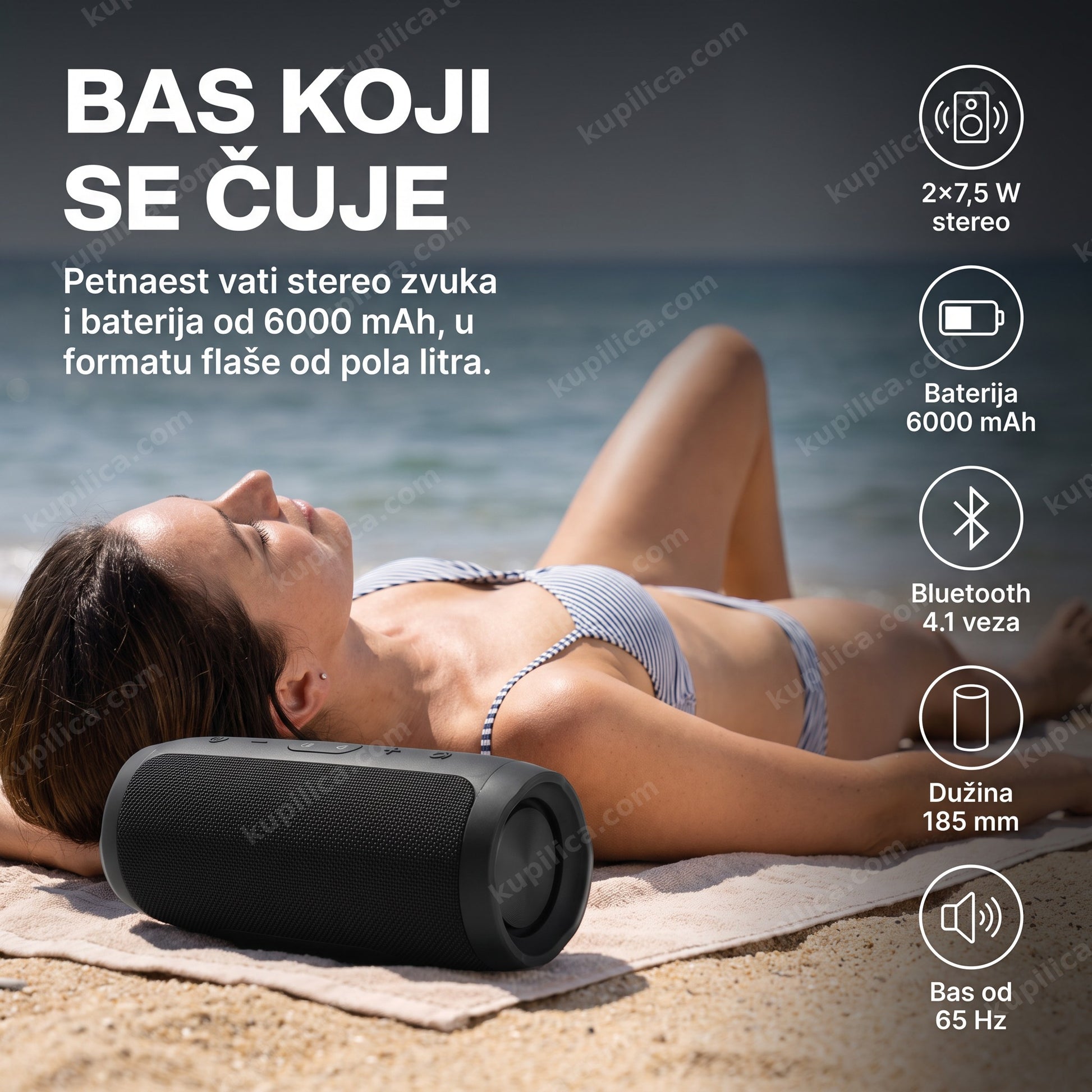 prenosivi bluetooth zvučnik za izlet — odrasla osoba na plaži sa zvučnikom pored peškira