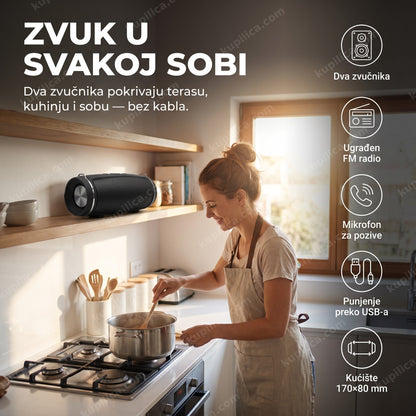 prenosivi bluetooth zvučnik za kuhinju — odrasla osoba kuva uz muziku sa zvučnika na polici