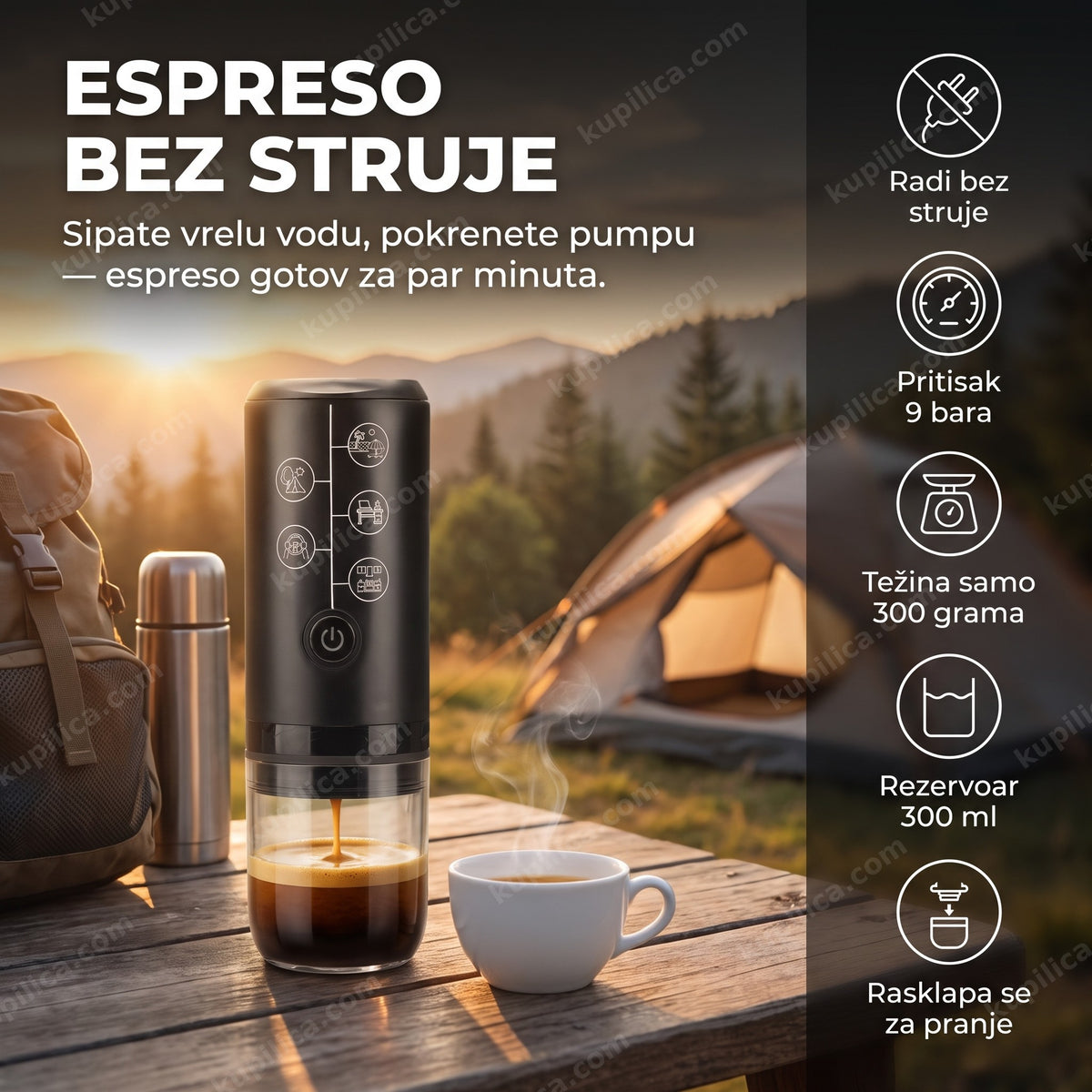 prenosivi espresso aparat bez struje, kamp scena sa espresom koji curi u šoljicu, benefiti proizvoda