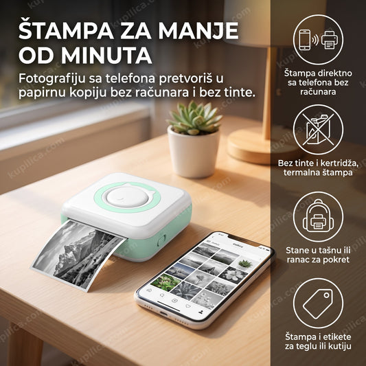 prenosivi foto štampač za telefon štampa crno-belu fotografiju pored biljke