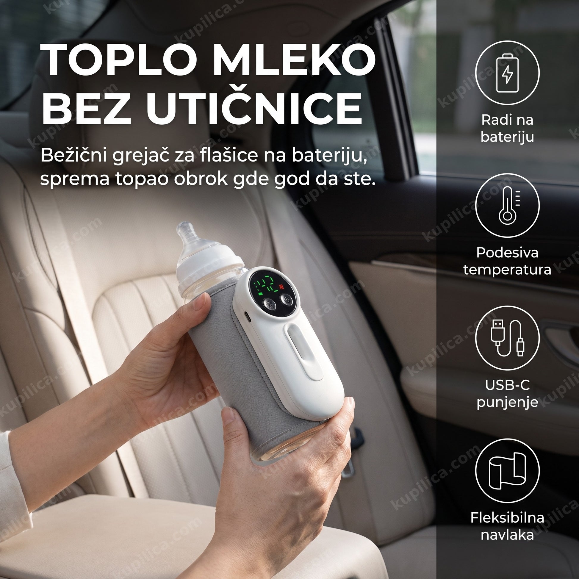 Prenosivi grejač za flašice sa baterijom i USB-C punjenjem u automobilu
