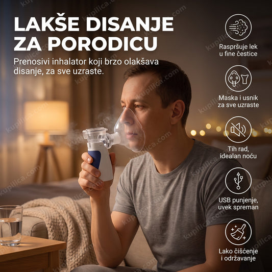 prenosivi inhalator za porodicu, odrasla osoba koristi masku za inhalaciju kod kuće, benefiti proizvoda