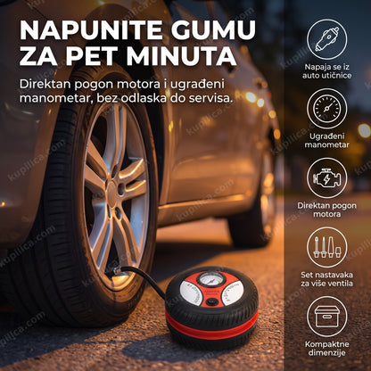 prenosivi kompresor za auto 12V u obliku gume pored točka automobila