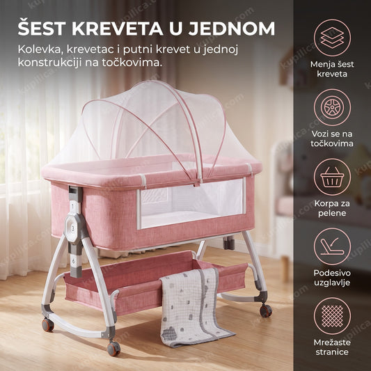 roze prenosivi krevetac za bebe sa točkovima i mrežastim stranicama