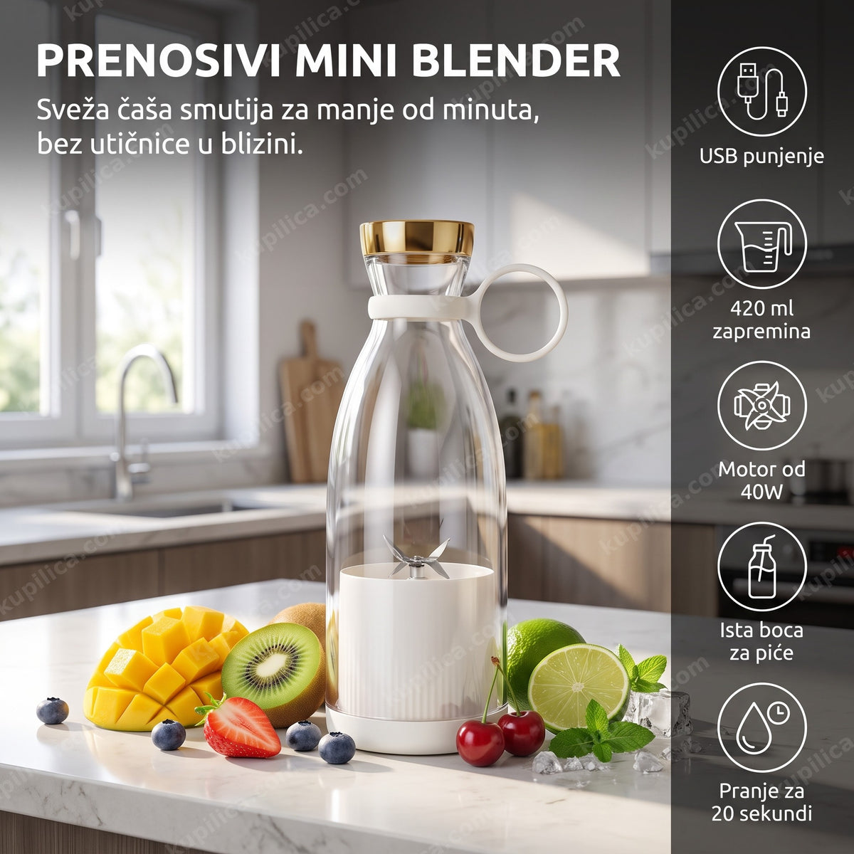 prenosivi mini blender sa voćem na kuhinjskom stolu, benefiti proizvoda