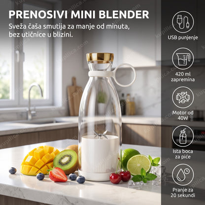 prenosivi mini blender sa voćem na kuhinjskom stolu, benefiti proizvoda