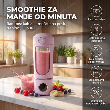 prenosivi mini blender za smoothie, roze mini blender sa svežim voćem na kuhinjskom pultu, benefiti proizvoda