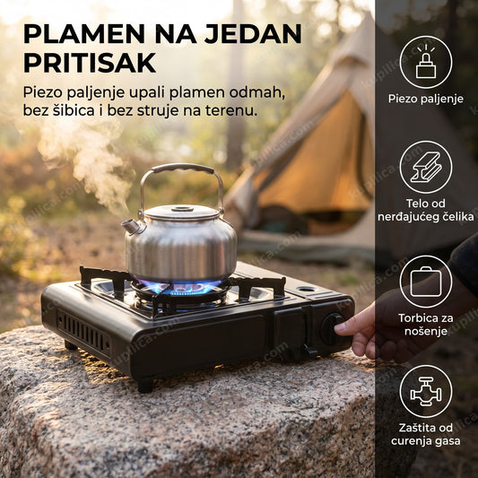 prenosivi mini šporet na plin sa plavim plamenom na kampovanju, prikaz benefita proizvoda
