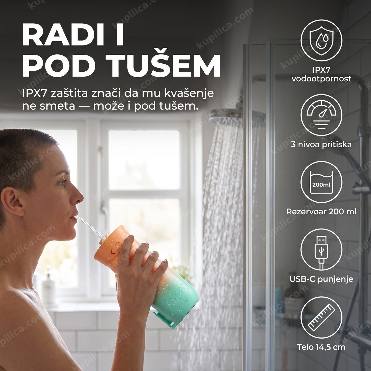 Prenosivi oralni irigator za zube 200 ml sa IPX7 zaštitom od vode
