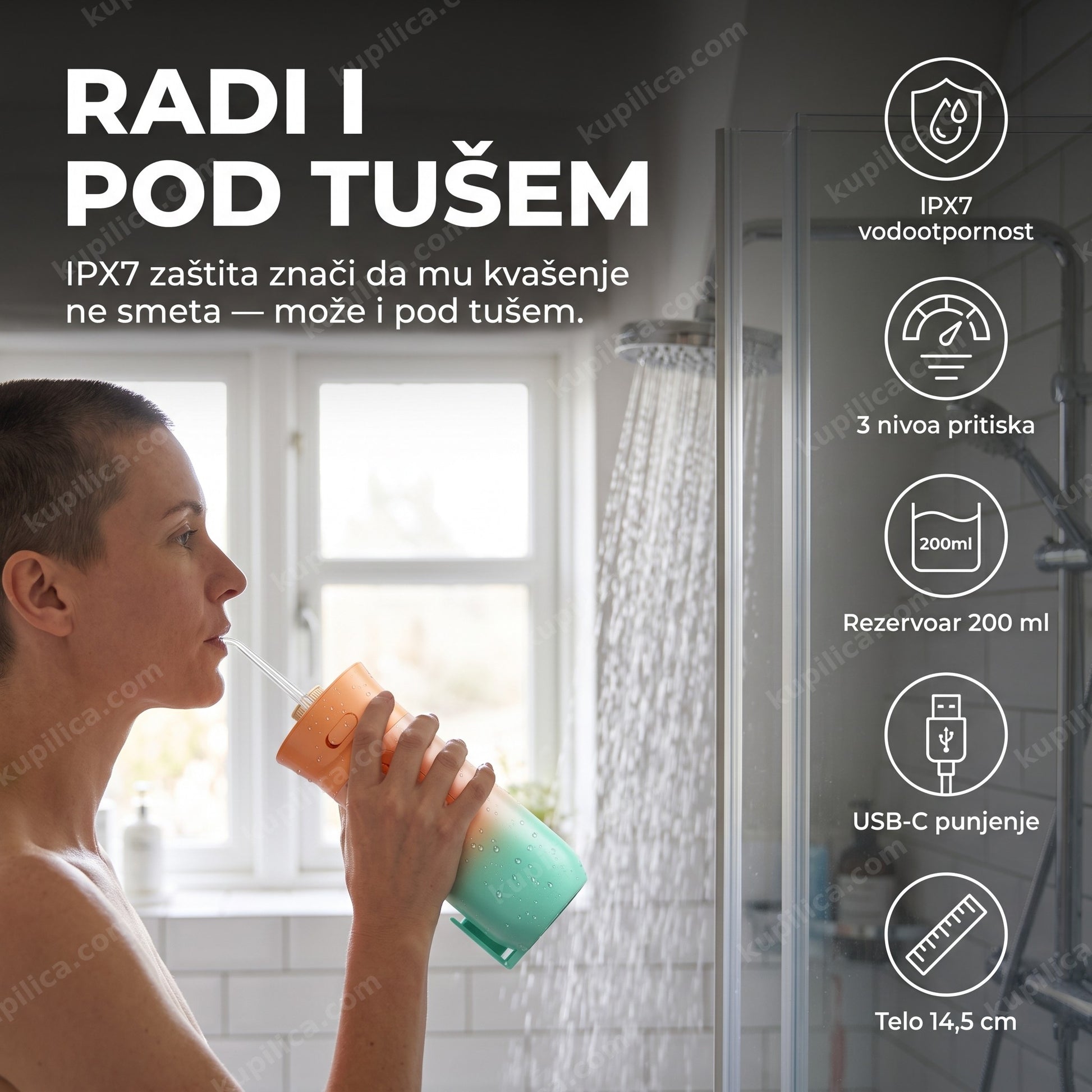 Prenosivi oralni irigator za zube 200 ml sa IPX7 zaštitom od vode