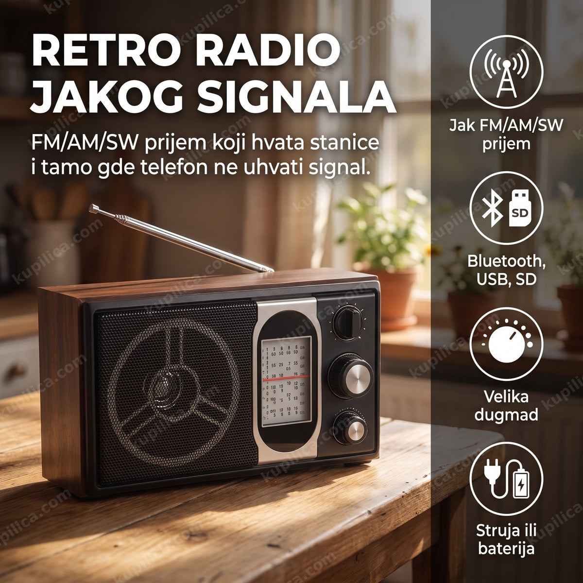prenosivi retro radio sa bluetooth-om na drvenom stolu u vikendici, benefiti proizvoda
