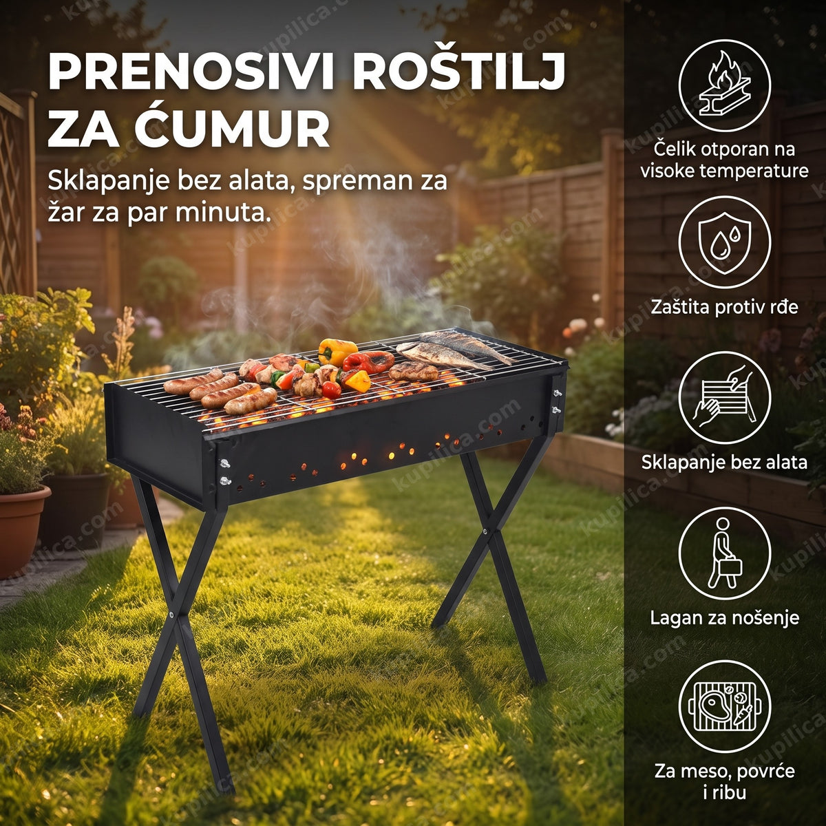 crni prenosivi roštilj za ćumur sa žarom u dvorištu, benefiti proizvoda