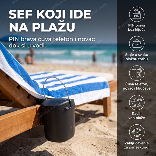 prenosivi sef za plažu zakačen za ležaljku sa peškirom, prikaz benefita proizvoda
