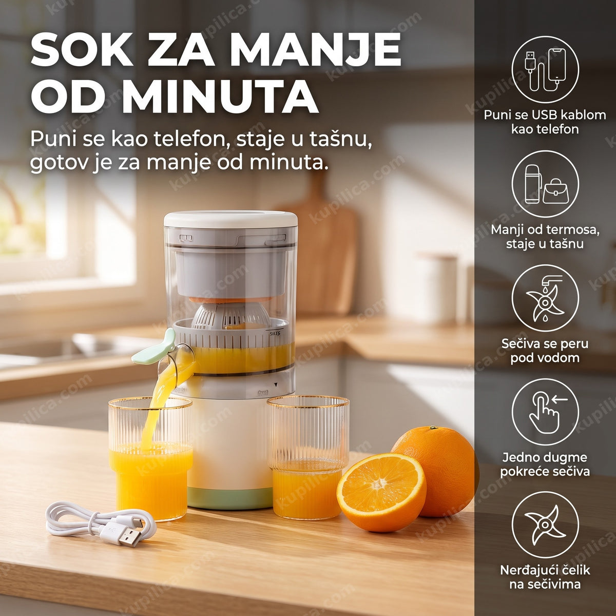 prenosivi sokovnik za voće sipa sveže ceđen sok u čašu na kuhinjskom pultu, benefiti proizvoda