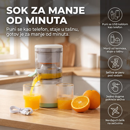 prenosivi sokovnik za voće sipa sveže ceđen sok u čašu na kuhinjskom pultu, benefiti proizvoda