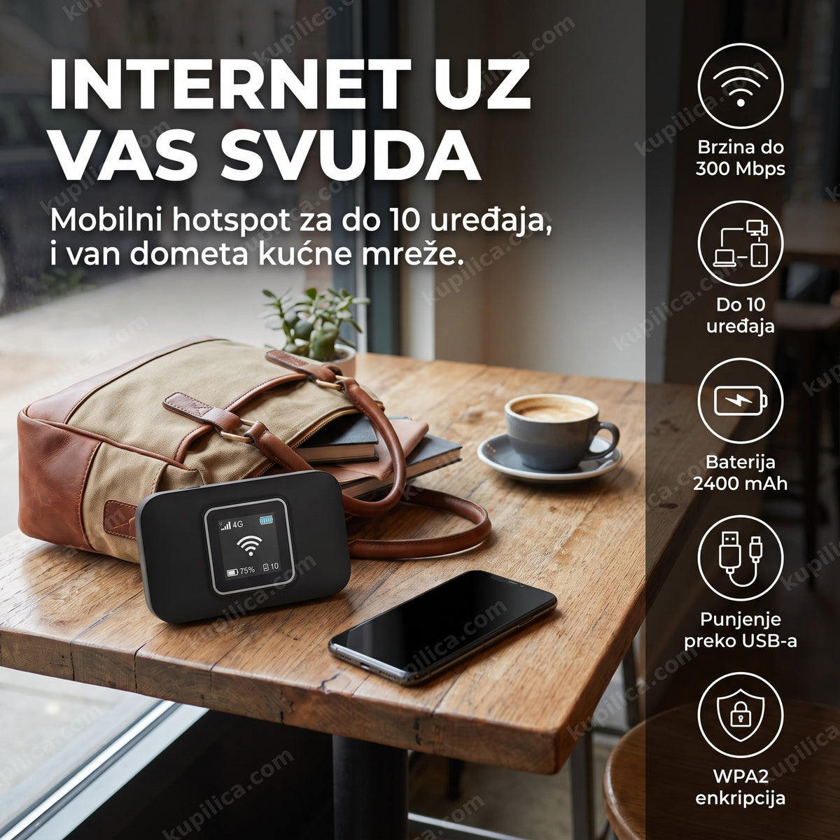 Crni prenosivi WiFi ruter pored telefona na stolu u kafiću, ekran ugašen, benefiti proizvoda