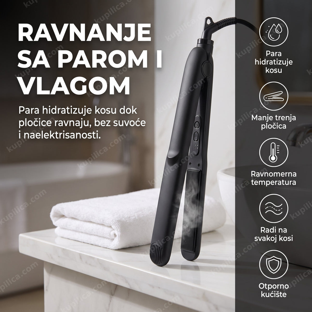 crna presa za kosu sa parom na mermernoj kupatilskoj polici