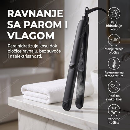 crna presa za kosu sa parom na mermernoj kupatilskoj polici