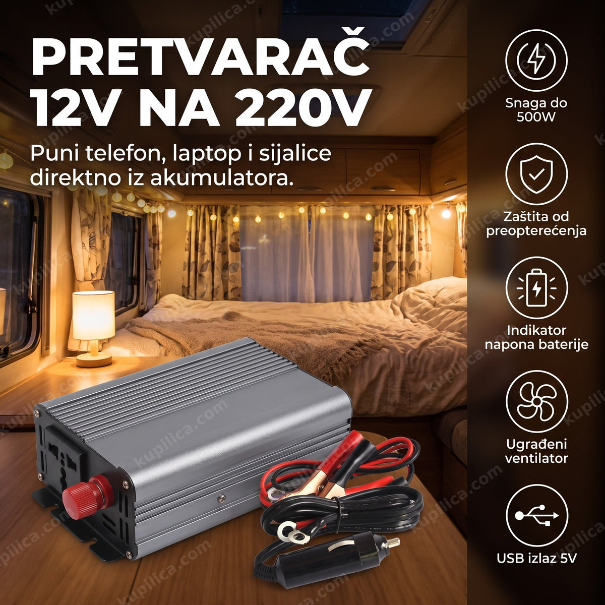 sivi pretvarač 12V na 220V sa kablovima u unutrašnjosti kampera, benefiti proizvoda