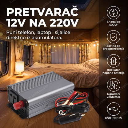sivi pretvarač 12V na 220V sa kablovima u unutrašnjosti kampera, benefiti proizvoda