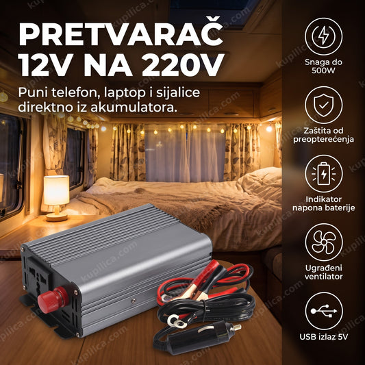 sivi pretvarač 12V na 220V sa kablovima u unutrašnjosti kampera, benefiti proizvoda