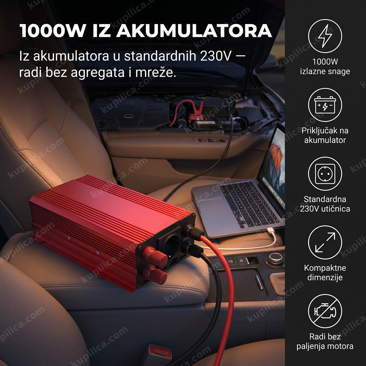 crveni pretvarač napona 1000w priključen na laptop u autu, benefiti proizvoda