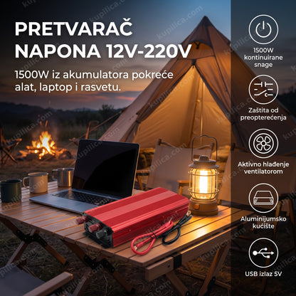 crveni pretvarač napona 12V na 220V na kamp stolu ispred šatora sa laptopom, benefiti proizvoda