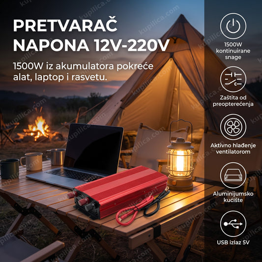 crveni pretvarač napona 12V na 220V na kamp stolu ispred šatora sa laptopom, benefiti proizvoda
