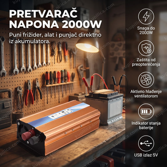 pretvarač napona 2000w na radnom stolu u garaži pored akumulatora, benefiti proizvoda