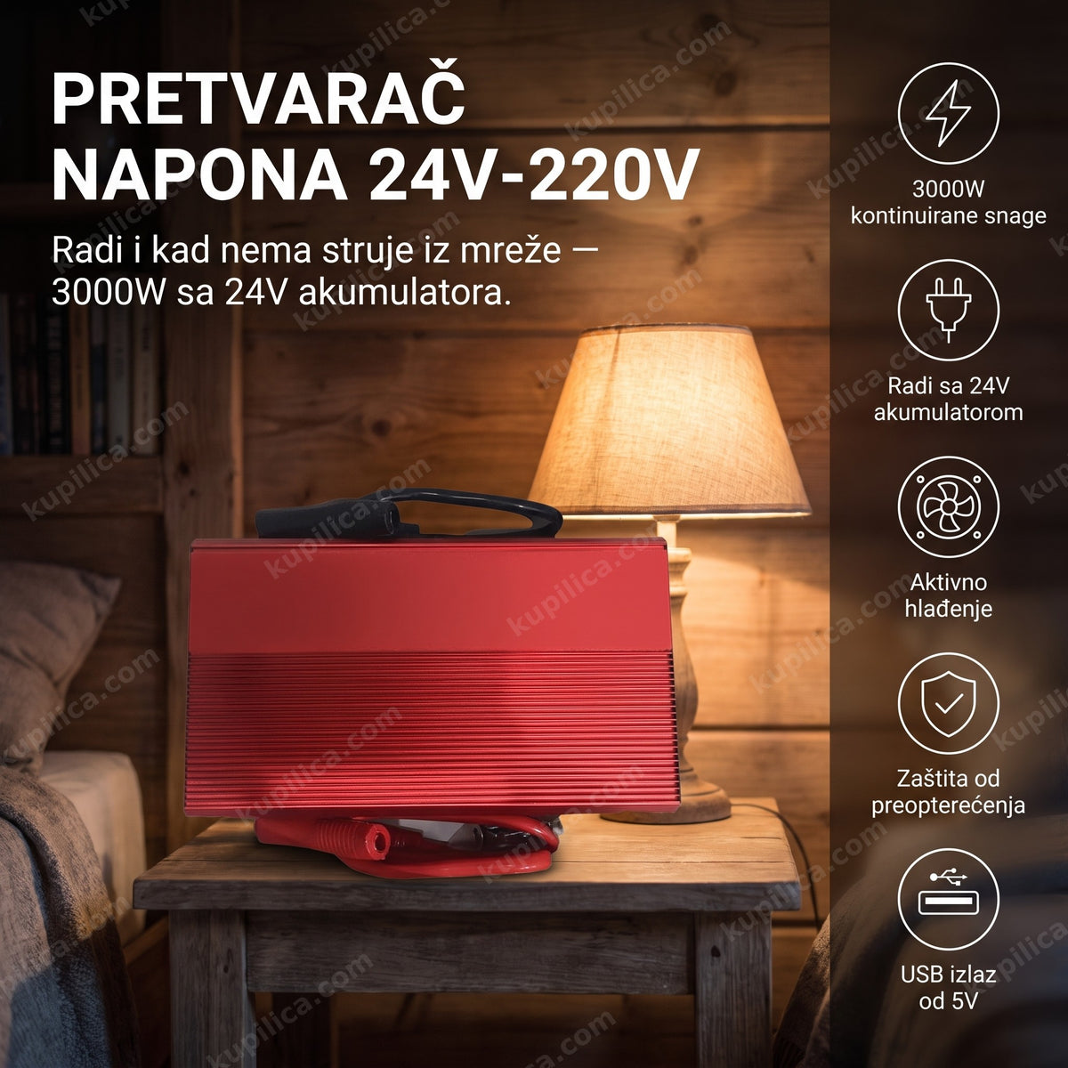 crveni pretvarač napona 24V na 220V na stolu vikendice pored lampe, benefiti proizvoda