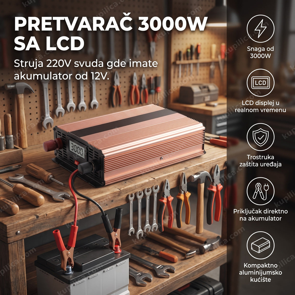 pretvarač napona 3000w sa lcd displejom na polici u radionici, benefiti proizvoda