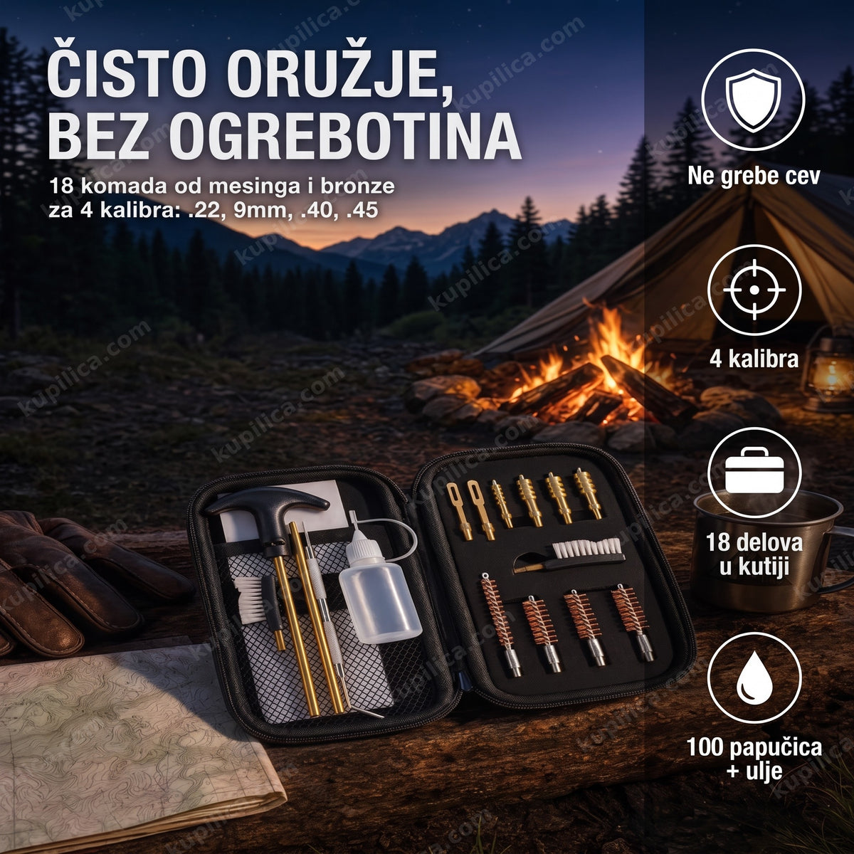pribor za čišćenje pištolja — otvorena kutija sa mesinganim četkama i šipkama