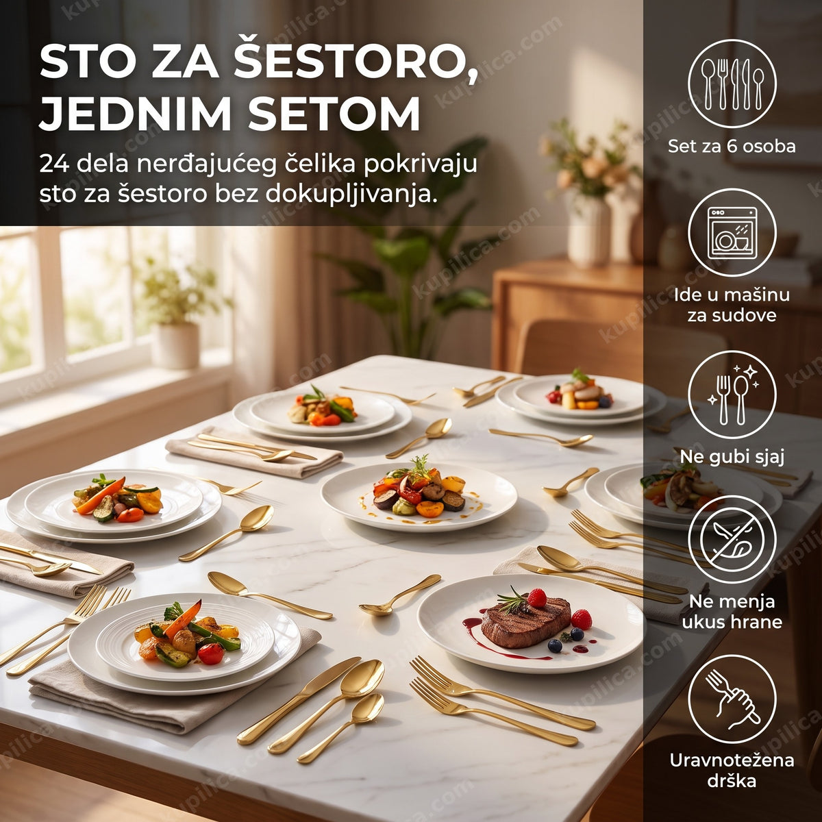 set pribora za jelo 24 dela u zlatnoj boji postavljen na porodičnom stolu za šestoro, prikaz benefita proizvoda