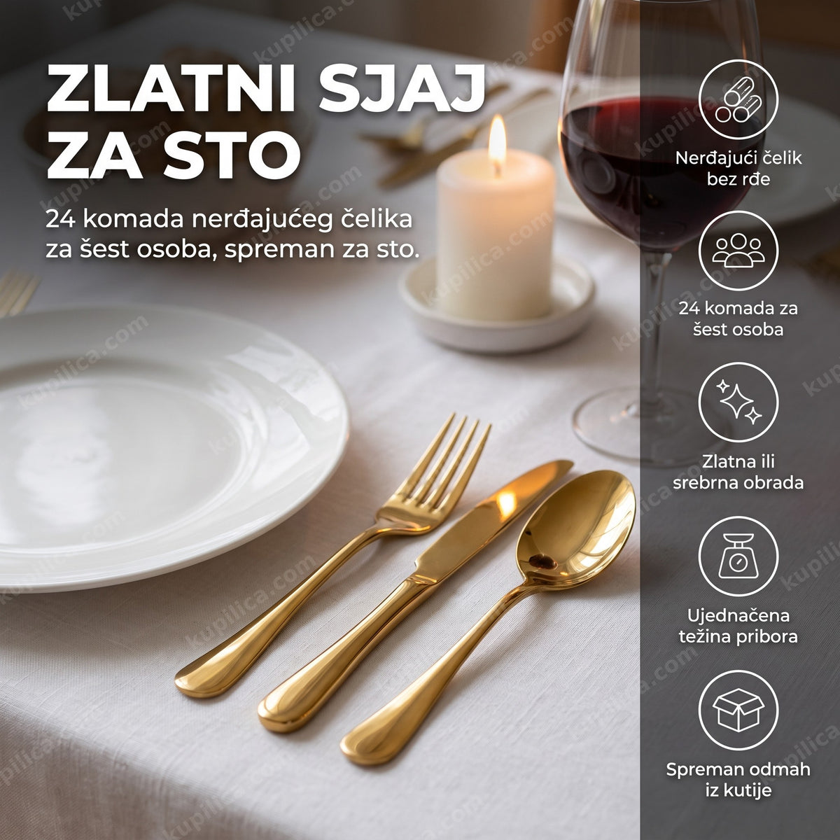 pribor za jelo set 24 komada, zlatni pribor za jelo na elegantno postavljenom stolu, benefiti proizvoda