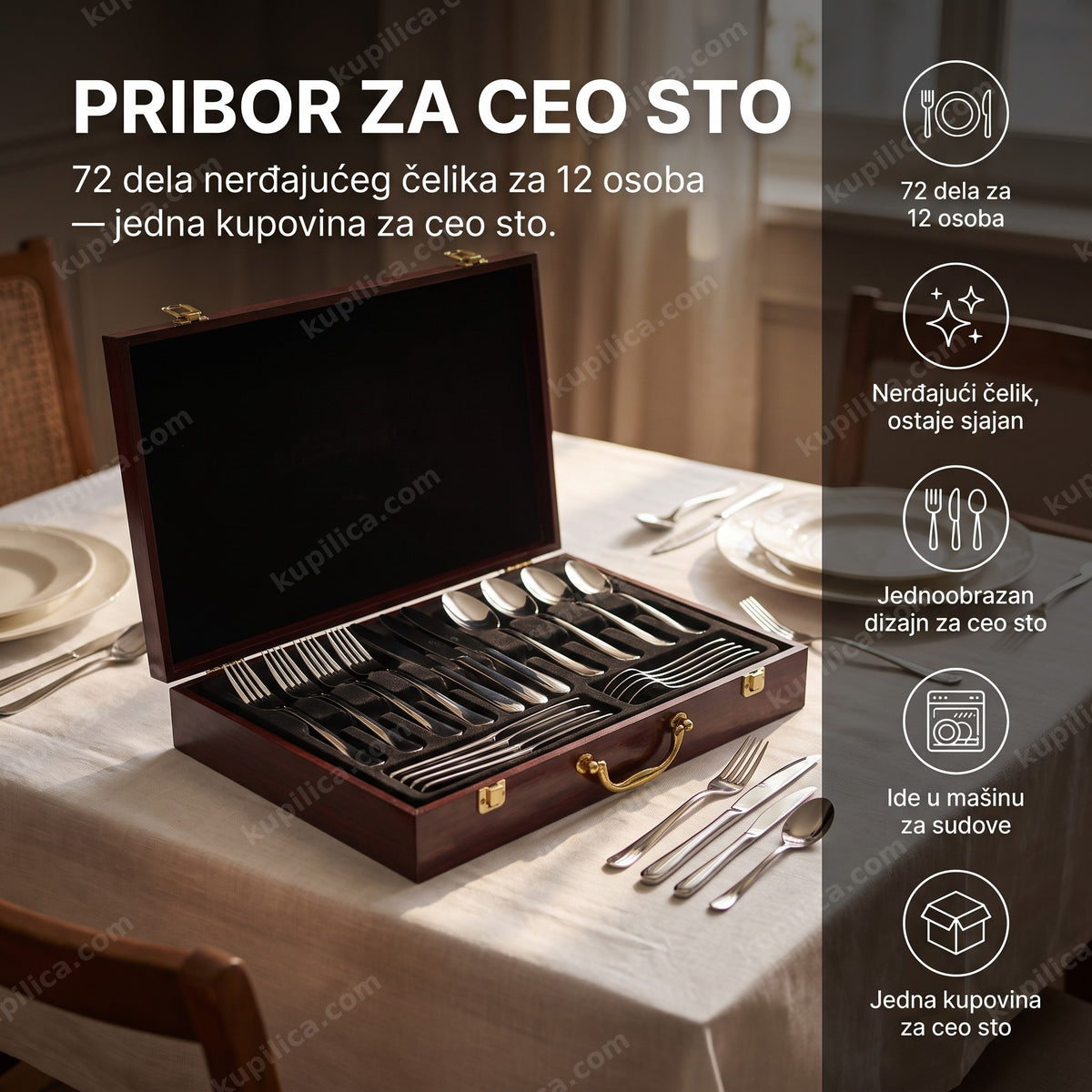pribor za jelo za 12 osoba u elegantnoj drvenoj kutiji na trpezarijskom stolu, benefiti proizvoda