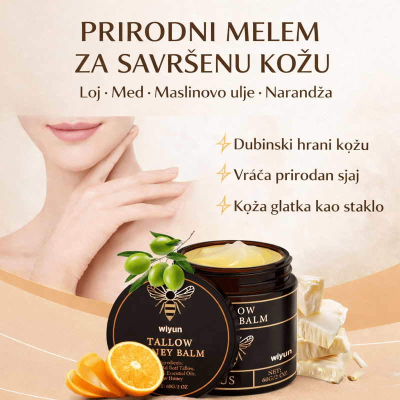 infografika sa sastojcima melema: loj, med, maslinovo ulje i narandža