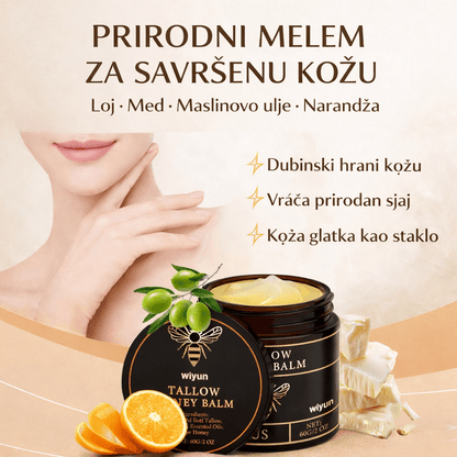 infografika sa sastojcima melema: loj, med, maslinovo ulje i narandža