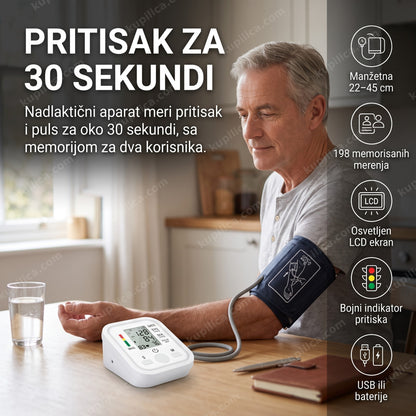 pritisak za 30 sekundi — merenje pritiska nadlaktičnim aparatom za stolom ujutru, benefiti proizvoda