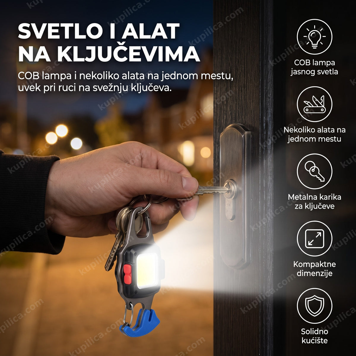 privezak sa cob lampom osvetljava bravu na ulaznim vratima uveče, benefiti proizvoda