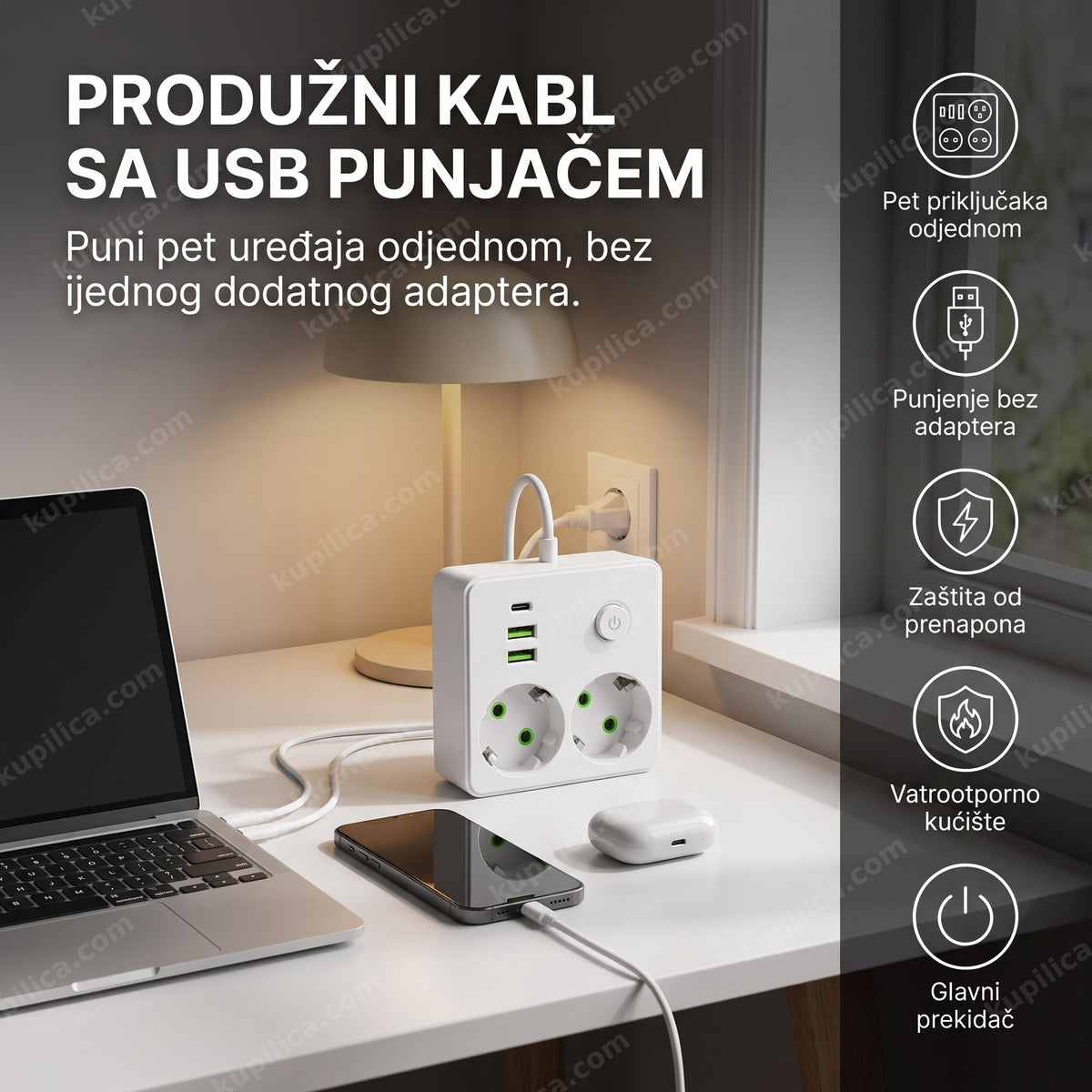 Beli produžni kabl sa USB punjačem na radnom stolu sa uređajima, benefiti proizvoda