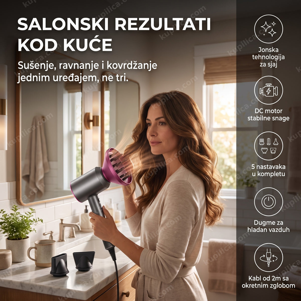 žena suši kosu profesionalnim fenom sa difuzorom u kupatilu, benefiti proizvoda