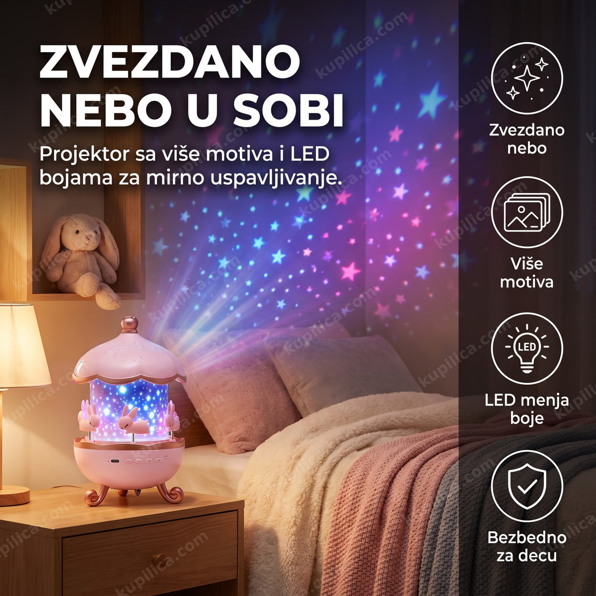 projektor lampa zeka vrteska projektuje zvezdano nebo u dečjoj sobi — benefiti proizvoda